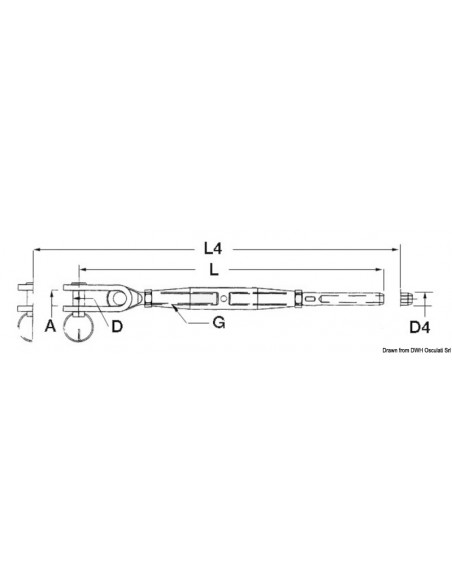 Tenditore con una forcella snodata e terminale a pressare