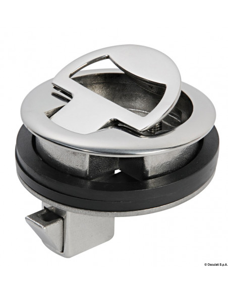 Alzapagliolo e chiusura portelli con maniglietta rientrante a molla e dente di fermo a scatto