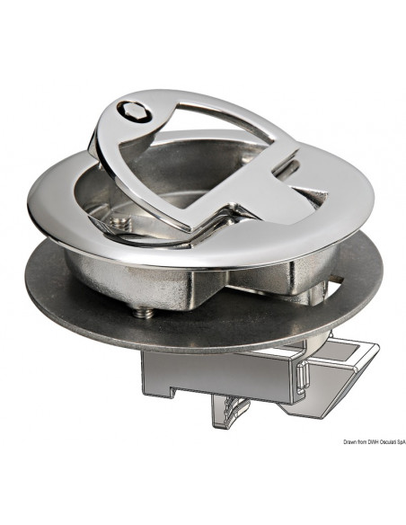 Alzapagliolo e chiusura portelli con maniglietta rientrante a molla e dente di fermo a scatto