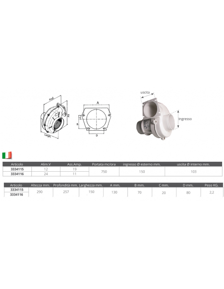 ASPIRATORE PORTATA 750 MC/ORA